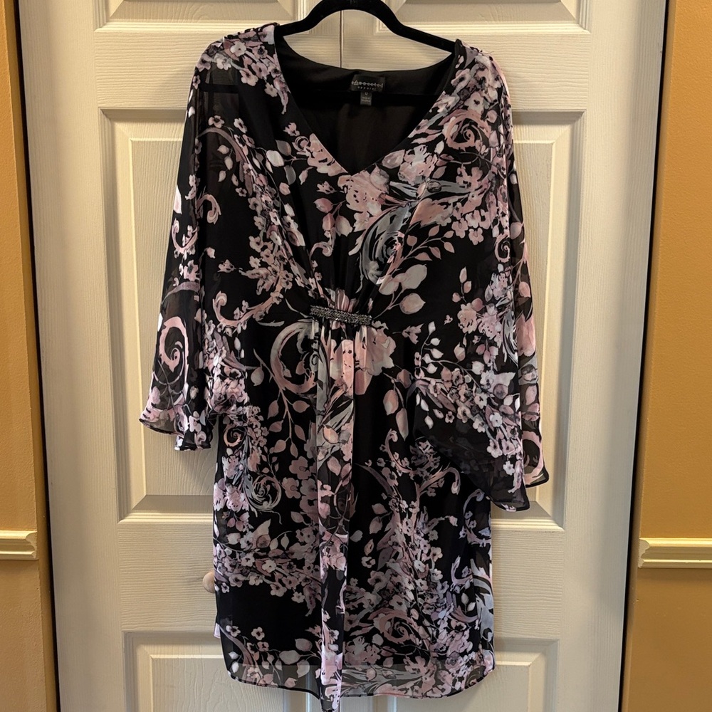 Connected Apparel Black and Pink and Grey Floral lined dress
